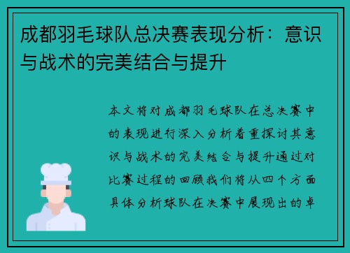 成都羽毛球队总决赛表现分析：意识与战术的完美结合与提升